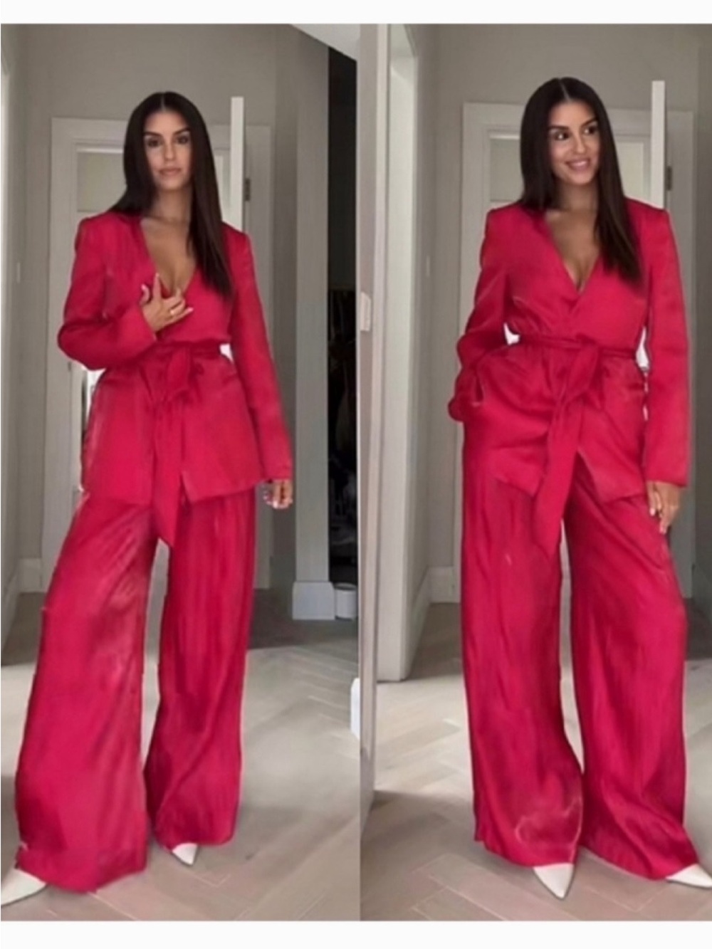 ZARA Hot Pink Red Crinkle Effect Shimmering Belted Blazer! 💖 - Picture 6 of 16
